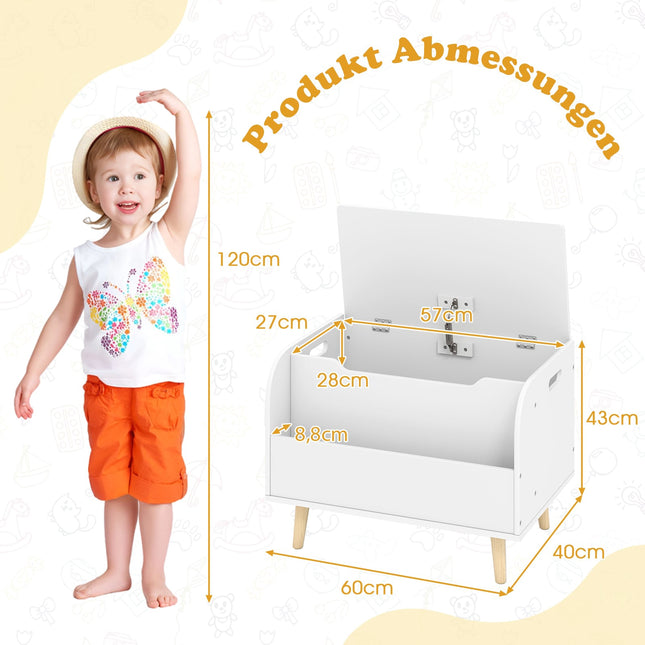 Wooden Toy Box with Front Bookshelf & Lid – White