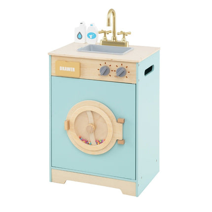 Wooden Toy Washing Machine with Detergent, Sink, and Accessories