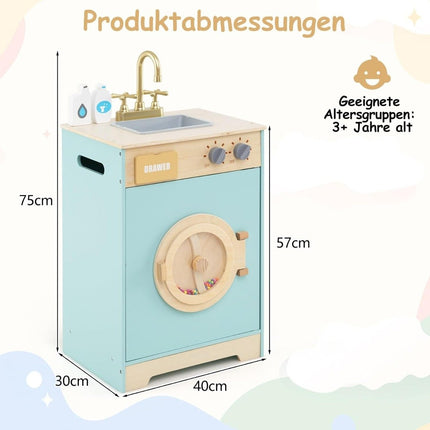 Wooden Toy Washing Machine with Detergent, Sink, and Accessories
