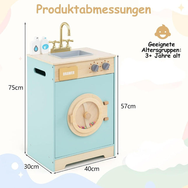 Wooden Toy Washing Machine with Detergent, Sink, and Accessories