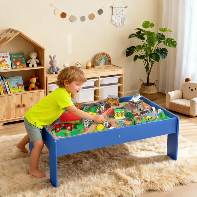 Houten treinsettafel, 108 delen, afneembaar blad, 98x60,5x40 cm