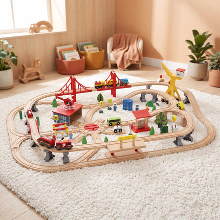 Wooden Train Set with Electric Locomotive, 133 Pieces