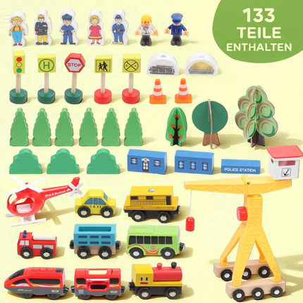 Wooden Train Set with Electric Locomotive, 133 Pieces