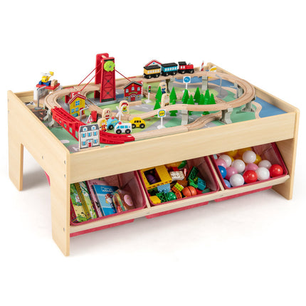 Wooden Train Table, 2 Reversible Tops, 3 Drawers, 94-Pc