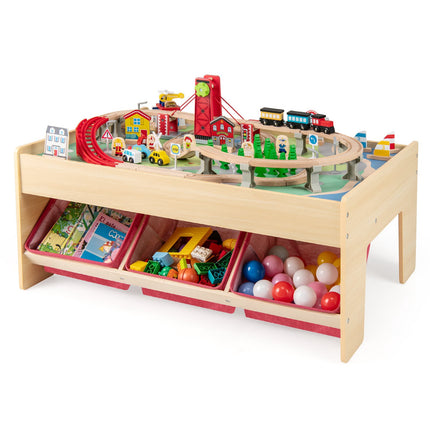 Wooden Train Table, 2 Reversible Tops, 3 Drawers, 94-Pc