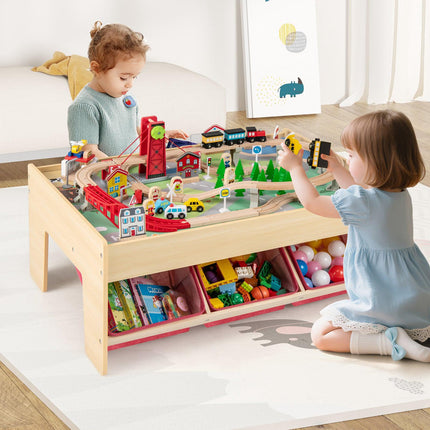 Wooden Train Table, 2 Reversible Tops, 3 Drawers, 94-Pc