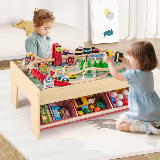 Houten treintafel, 2 omkeerbare bladen, 3 lades, 94-delig