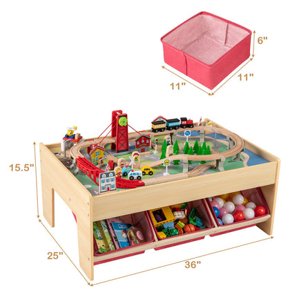 Wooden Train Table, 2 Reversible Tops, 3 Drawers, 94-Pc