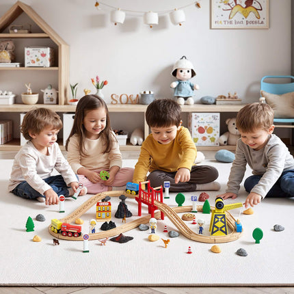 Wooden Train Track Set, 70-Piece, Magnetic Crane