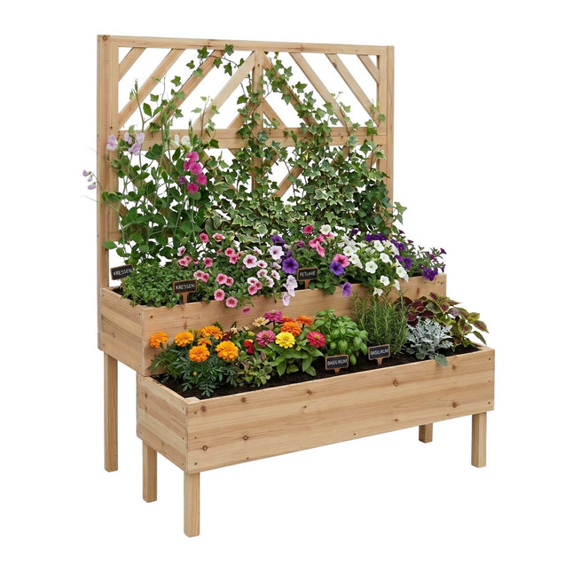 Wooden Two-Tier Planter With Trellis, Raised Beds