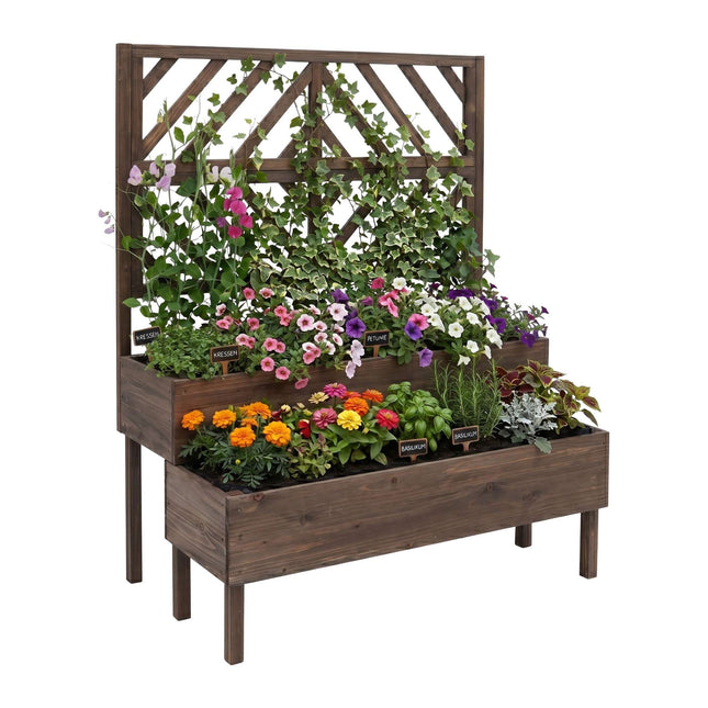 Wooden Two-Tier Planter With Trellis, Raised Beds