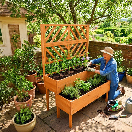Wooden Two-Tier Raised Planter With Trellis, Drainage