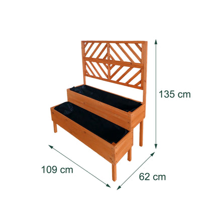 Wooden Two-Tier Raised Planter With Trellis, Drainage