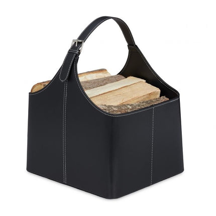 Wooden basket in imitation leather with handle