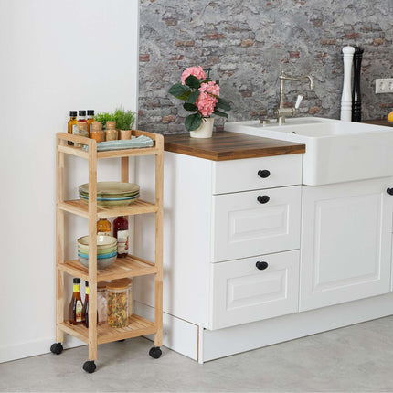 Wooden bathroom shelf with wheels