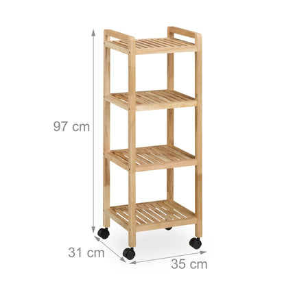 Wooden bathroom shelf with wheels