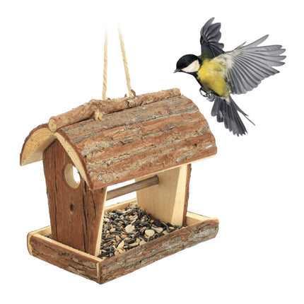 Wooden bird feeder with suspension