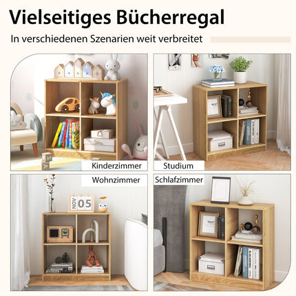 Wooden bookcase with 4 compartments cube shelf & anti-tip 73 x 33 x 73 cm natural
