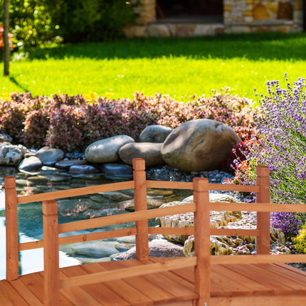 Wooden bridge over pond with railing