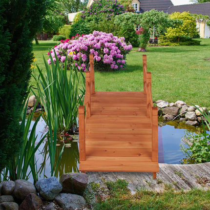 Wooden bridge over pond with railing