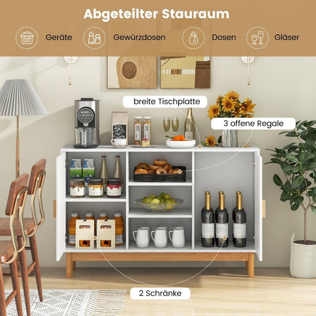 Wooden buffet cabinet kitchen cabinet with 2 bamboo doors & 3 open shelves 120 x 35 x 78 cm natural + white