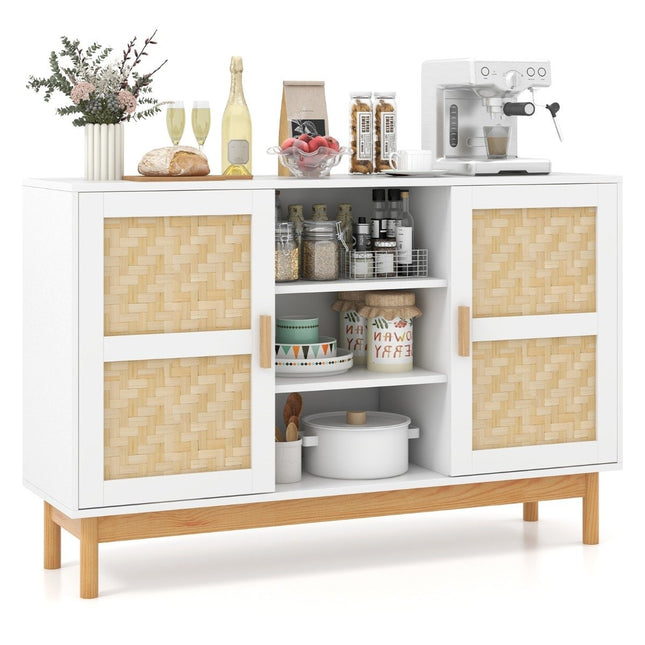 Wooden buffet cabinet kitchen cabinet with 2 bamboo doors & 3 open shelves 120 x 35 x 78 cm natural + white