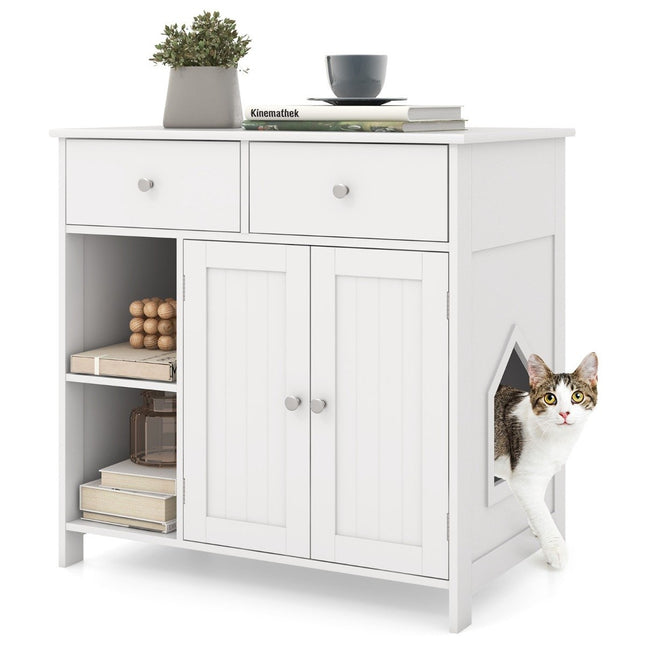 Wooden cat cabinet with 2 drawers & double doors & open compartments cat toilet