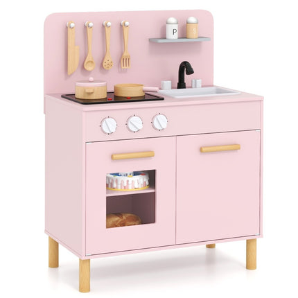 Wooden children's kitchen with 10 accessories play kitchen with light & sound toy kitchen pink