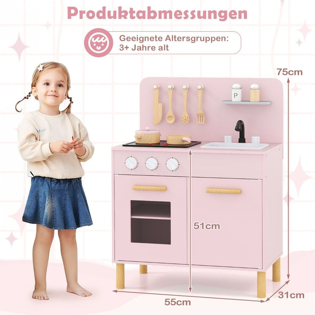 Wooden children's kitchen with 10 accessories play kitchen with light & sound toy kitchen pink