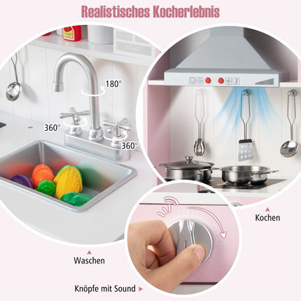 Wooden children's kitchen with play accessories & sounds & lights pink