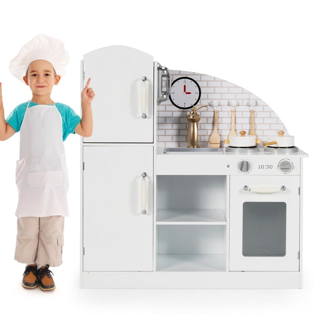 Wooden children's kitchen with utensils & tap & sink, telephone & cupboards 78 x 29 x 83 cm white