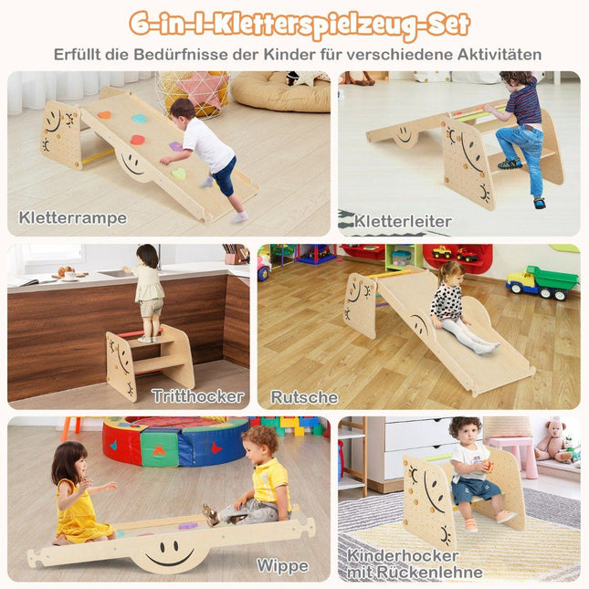 Wooden climber set with reversible ramp & seesaw & climbing ladder & smiley face patterns climbing toy