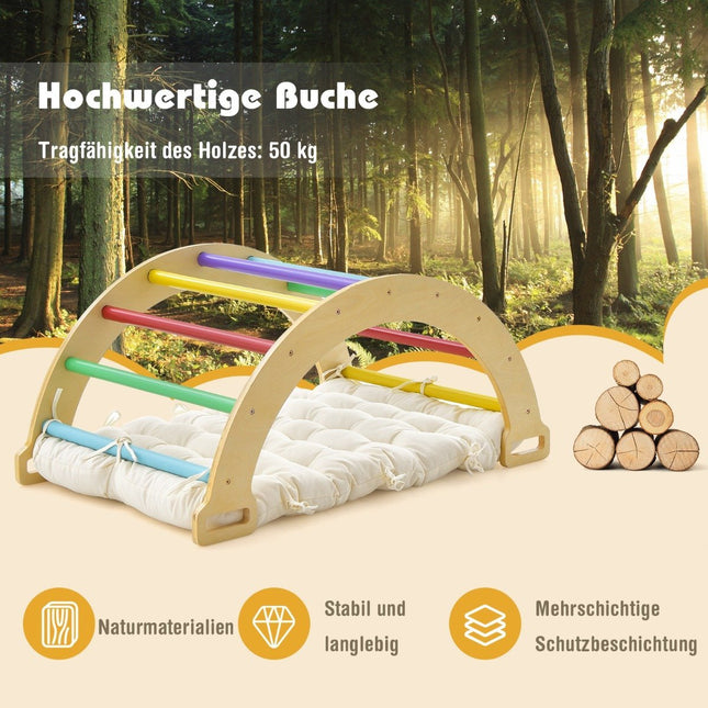 Wooden climbing arch with soft cushion for rocking, climbing and crawling, climbing frame, colorful