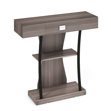 Wooden console table with drawers & metal frame & 2 shelves & anti-tip gray