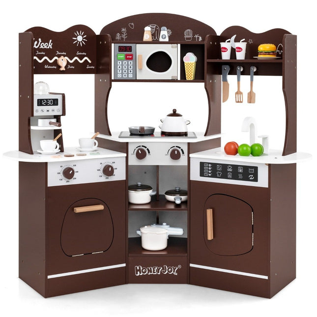 Wooden corner play kitchen with sound &amp; Light &amp; Coffee machine &amp; Slide Toddler Kitchen Playset Brown