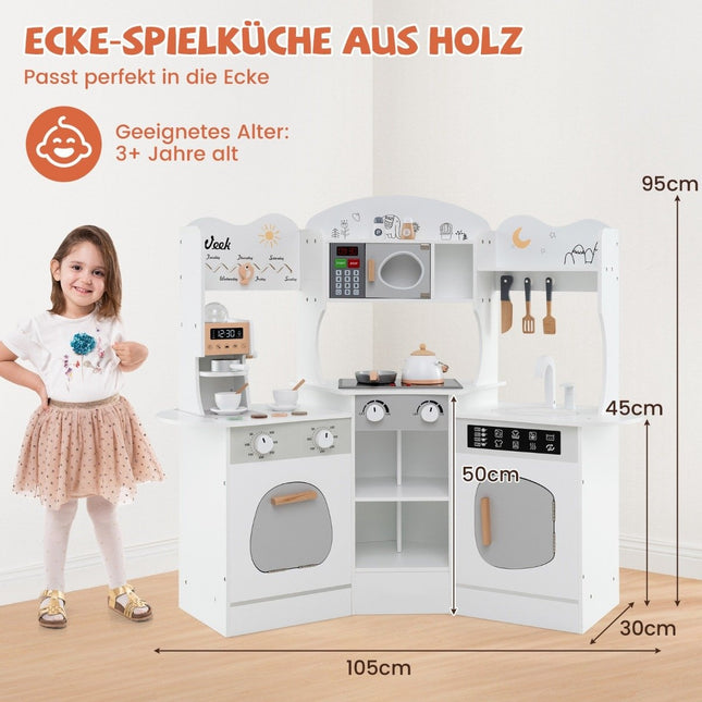 Wooden corner play kitchen with sound &amp; Light &amp; Coffee machine &amp; Slide Toddler Kitchen Playset White
