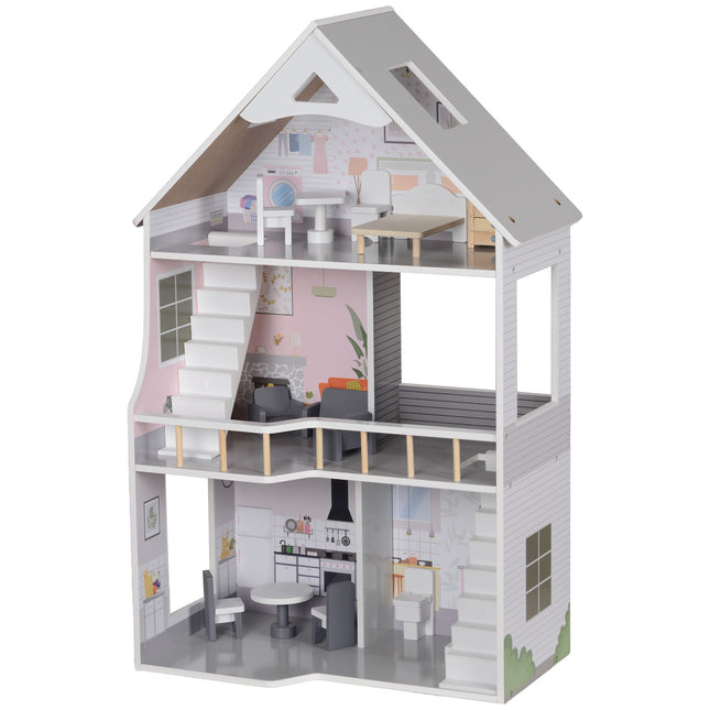 Wooden dollhouse with furniture, 3 floors, 85.3 cm high