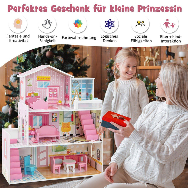 Wooden dollhouse with 3 floors & 10 furniture & 5 rooms dollhouse dream house pink