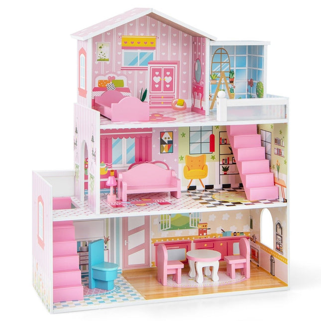 Wooden dollhouse with 3 floors & 10 furniture & 5 rooms dollhouse dream house pink