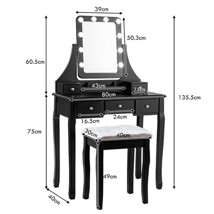 Wooden dressing table with rectangular mirror & padded stool 80 x 40 x 135.5 cm black