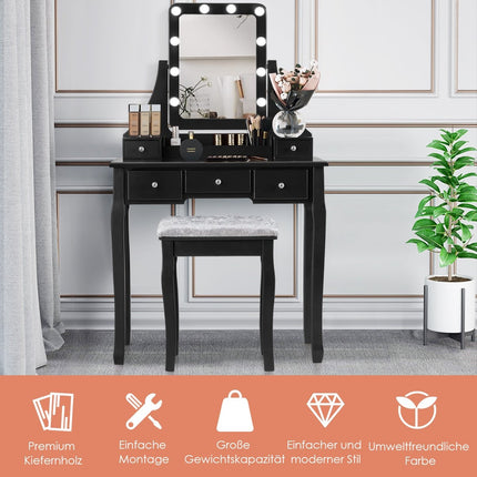 Wooden dressing table with rectangular mirror & padded stool 80 x 40 x 135.5 cm black