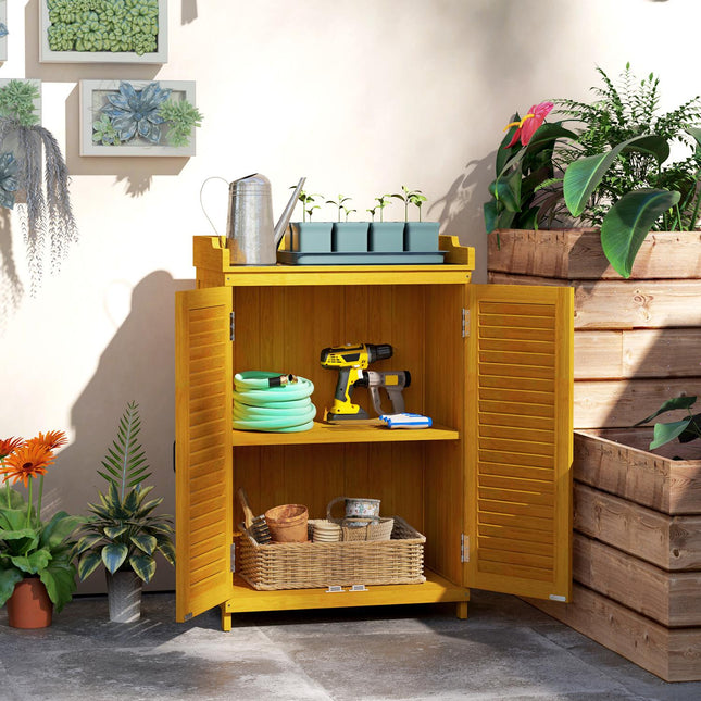 Yellow wooden garden tool shed with shelves, weatherproof