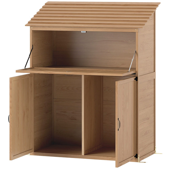 Wooden tool shed with folding shelf, weather resistant, natural wood