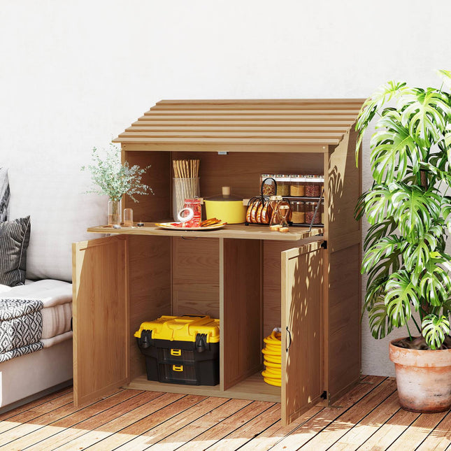 Wooden tool shed with folding shelf, weather resistant, natural wood