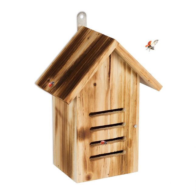 Wooden ladybug house with flames