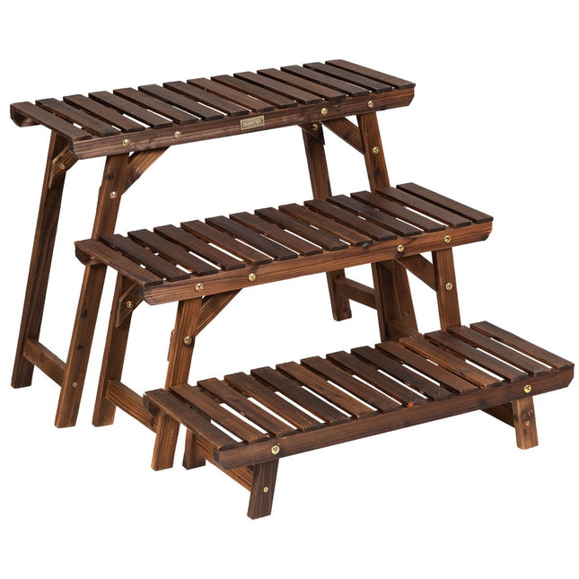 Wooden plant stand 3-tier corner plant shelf 3-piece. Brown flower stand