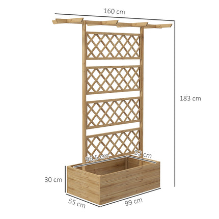 Houten verhoogd bed, tuinbed met dak, plantenbed met latwerk voor klimplanten, koudframe voor tuin, balkon, 160 x 55 x 183 cm natuurlijk hout