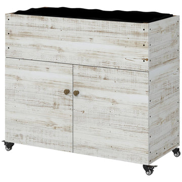 Wooden planter box with wheels and storage, 110x50x95 cm