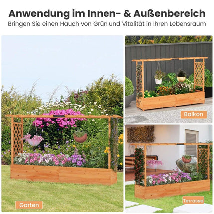 Wooden raised bed with trellis & hanging roof & trellis planter 200 x 44 x 114 cm