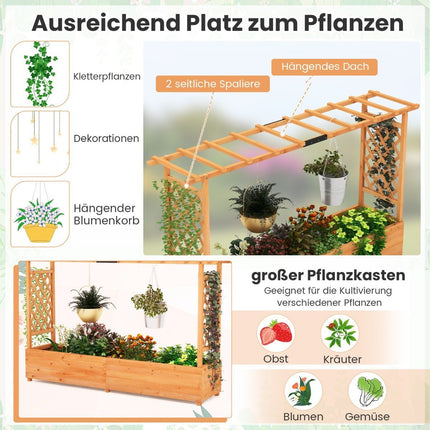 Wooden raised bed with trellis & hanging roof & trellis planter 200 x 44 x 114 cm